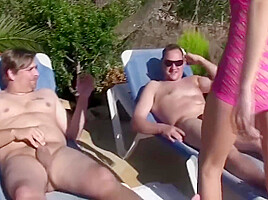 Blonde Slut Is Pleasing Two Big Cocks Near The Pool With Mia Anderson